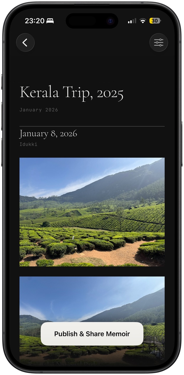 Memoir detail view of a Kerala trip