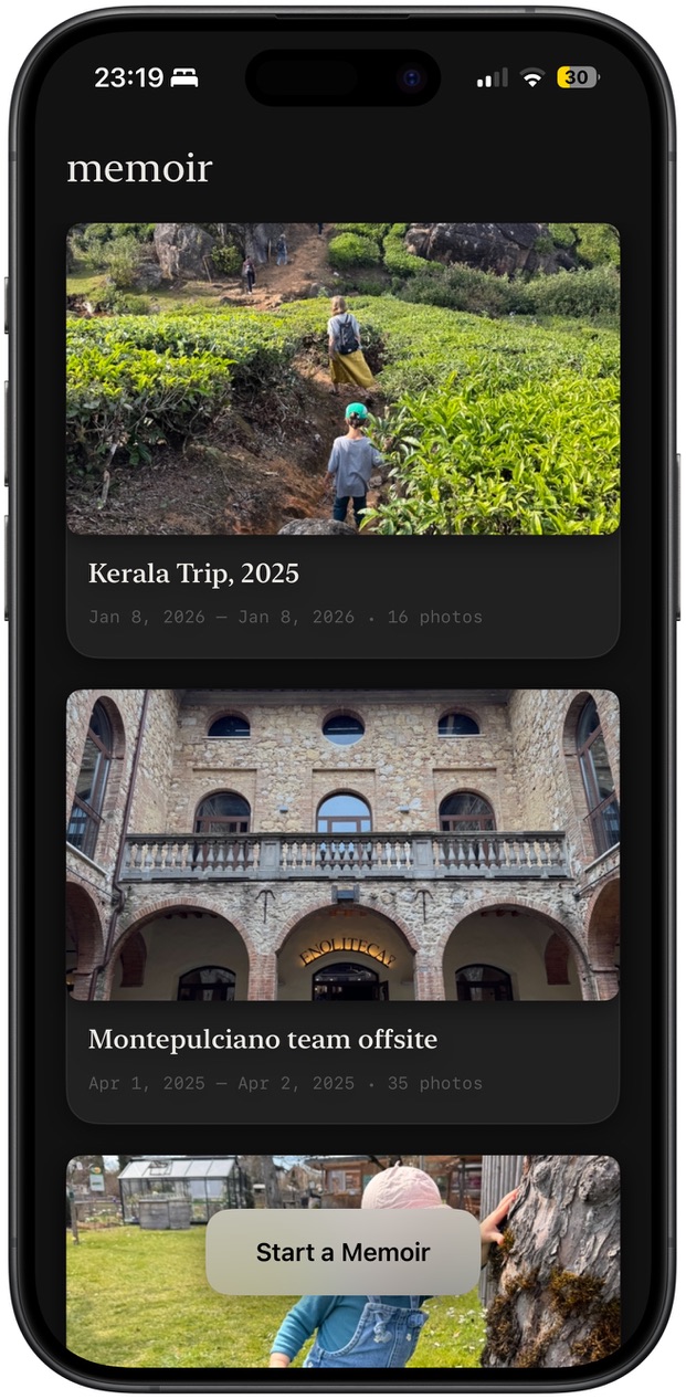 Memoir home screen showing trip cards